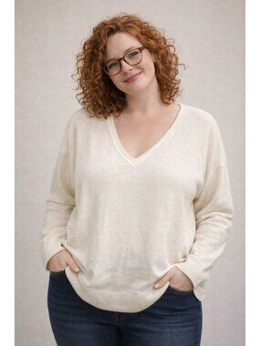 A New Day Womens V-Neck Sweater Ivory 1X Soft Lightweight Pullover Ribbed Trim